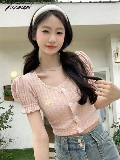 Backless Lace-up Design Tees Puff Sleeved T-shirts O Neck Crop Y2k Tops Summer Camisetas Korean Fashion Ropa De Mujer