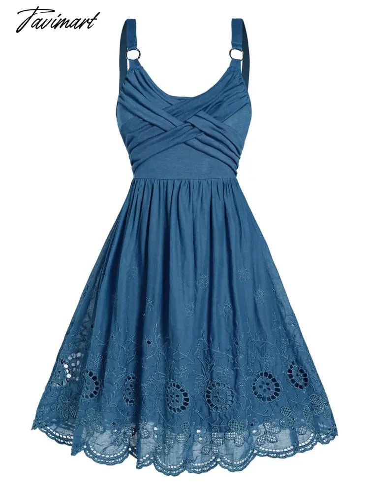 Backless Sleeveless Dress Summer Hollow Out Flower Embroidery Women Dress Scalloped Hem Crossover O Ring Cami Dresses