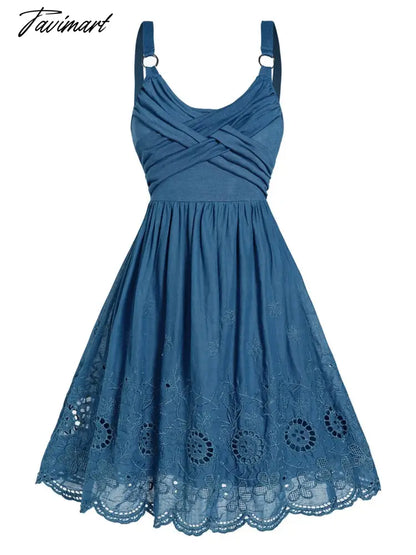 Backless Sleeveless Dress Summer Hollow Out Flower Embroidery Women Dress Scalloped Hem Crossover O Ring Cami Dresses