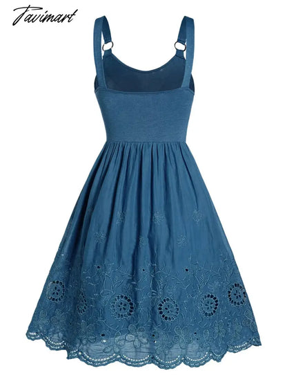 Backless Sleeveless Dress Summer Hollow Out Flower Embroidery Women Dress Scalloped Hem Crossover O Ring Cami Dresses