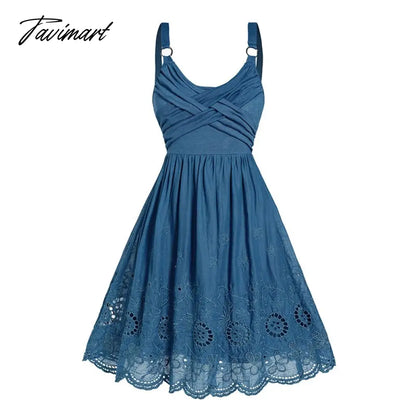 Backless Sleeveless Dress Summer Hollow Out Flower Embroidery Women Dress Scalloped Hem Crossover O Ring Cami Dresses