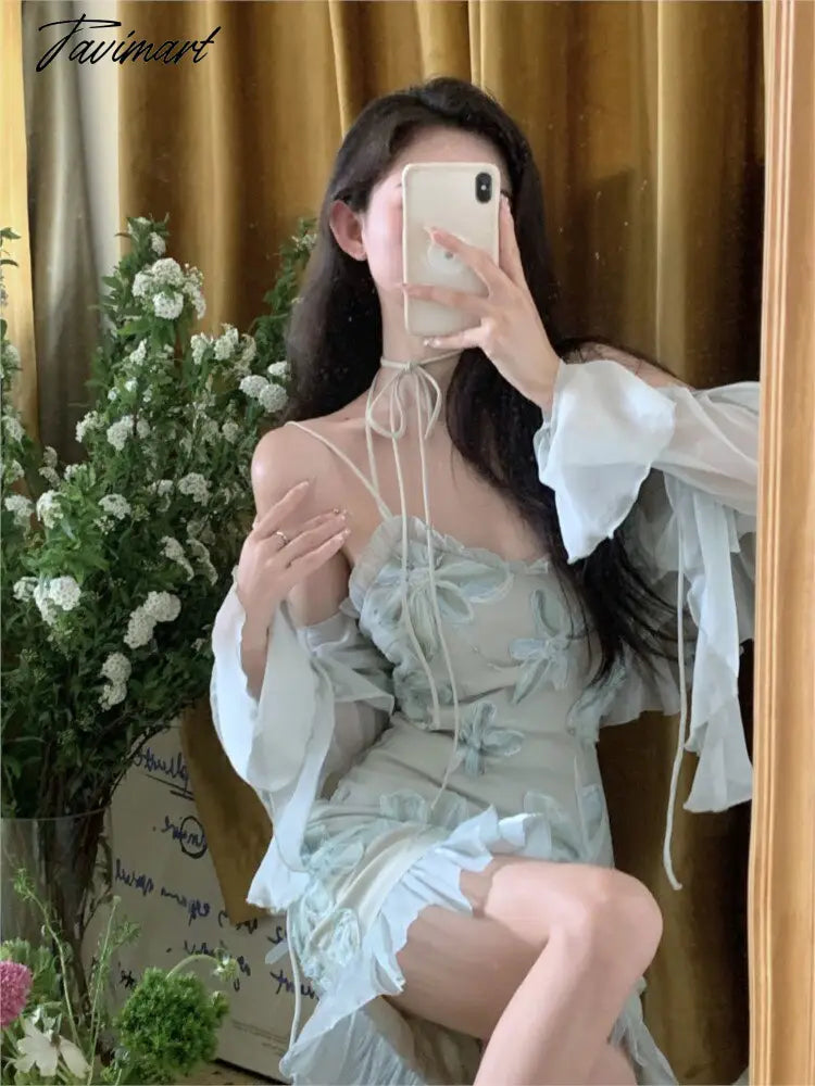 Bandage Strap Sexy Party Mini Dress Female Designer Elegant Dress Summer Fairy Floral Sweet Dress Women Korean Fashion vestidos