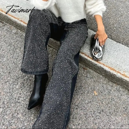 Black Jeans for Women Diamond baggy Pants high waist wide legged straight leg Y2k Autumn/Winter Women's Streetwear Clothes