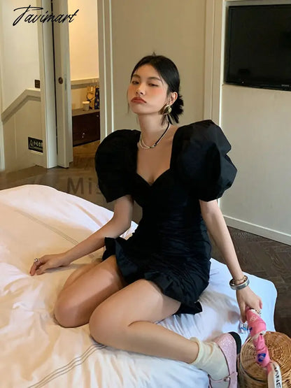 Black Korean Style Elegant Dress Women Sumemr Bubble Sleeve France Vintage One-piece Dress Casual Sexy Party Mini Dress New