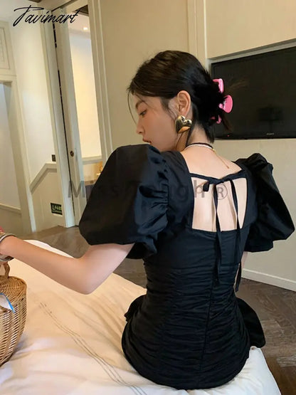 Black Korean Style Elegant Dress Women Sumemr Bubble Sleeve France Vintage One-piece Dress Casual Sexy Party Mini Dress New