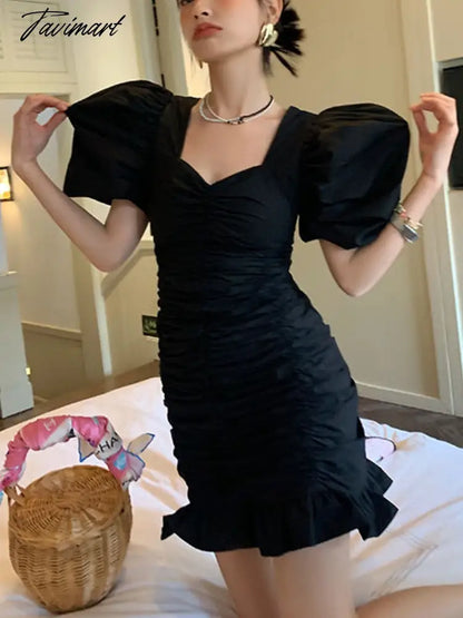 Black Korean Style Elegant Dress Women Sumemr Bubble Sleeve France Vintage One-piece Dress Casual Sexy Party Mini Dress New