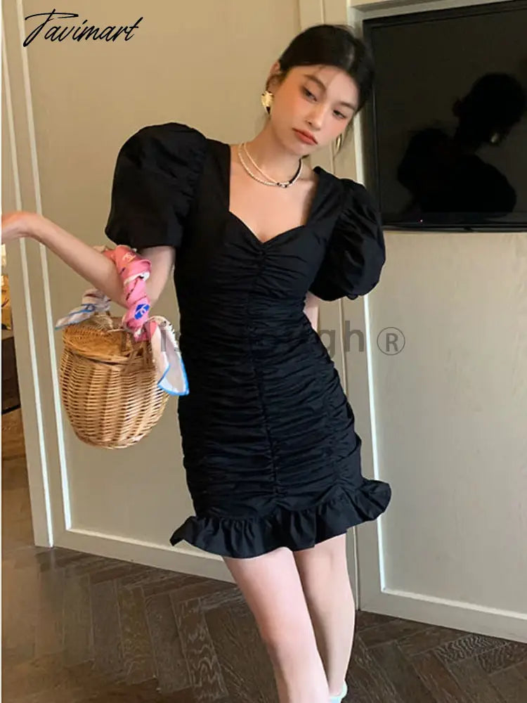 Black Korean Style Elegant Dress Women Sumemr Bubble Sleeve France Vintage One-piece Dress Casual Sexy Party Mini Dress New