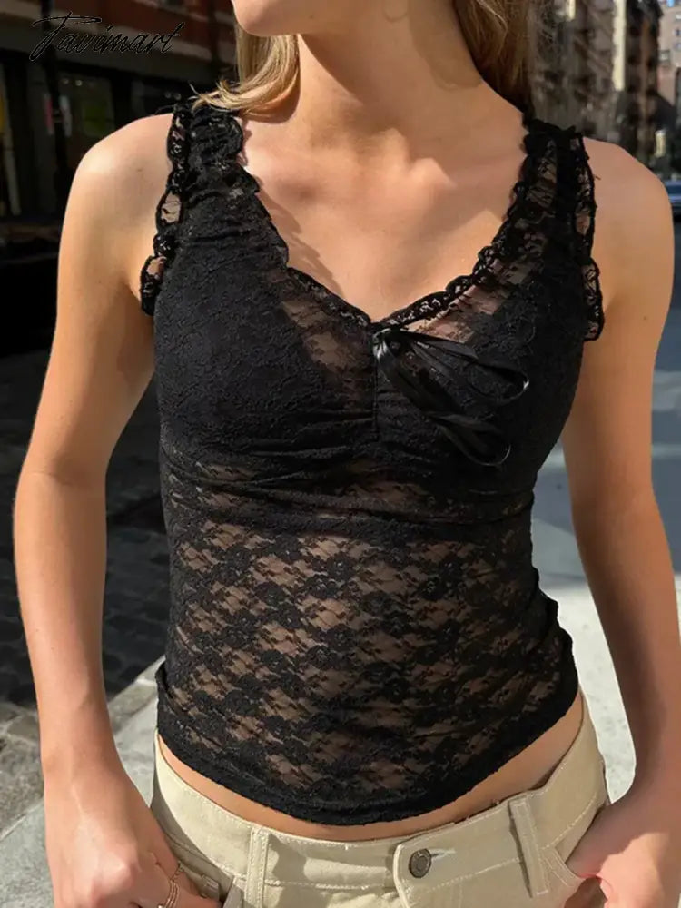 Black Lace Sexy Transparent Tank Top Summer Sleeveless Bow V-Neck Thin Streetwear Vest Women Casual Sweet Cute Y2k Tops Clothes