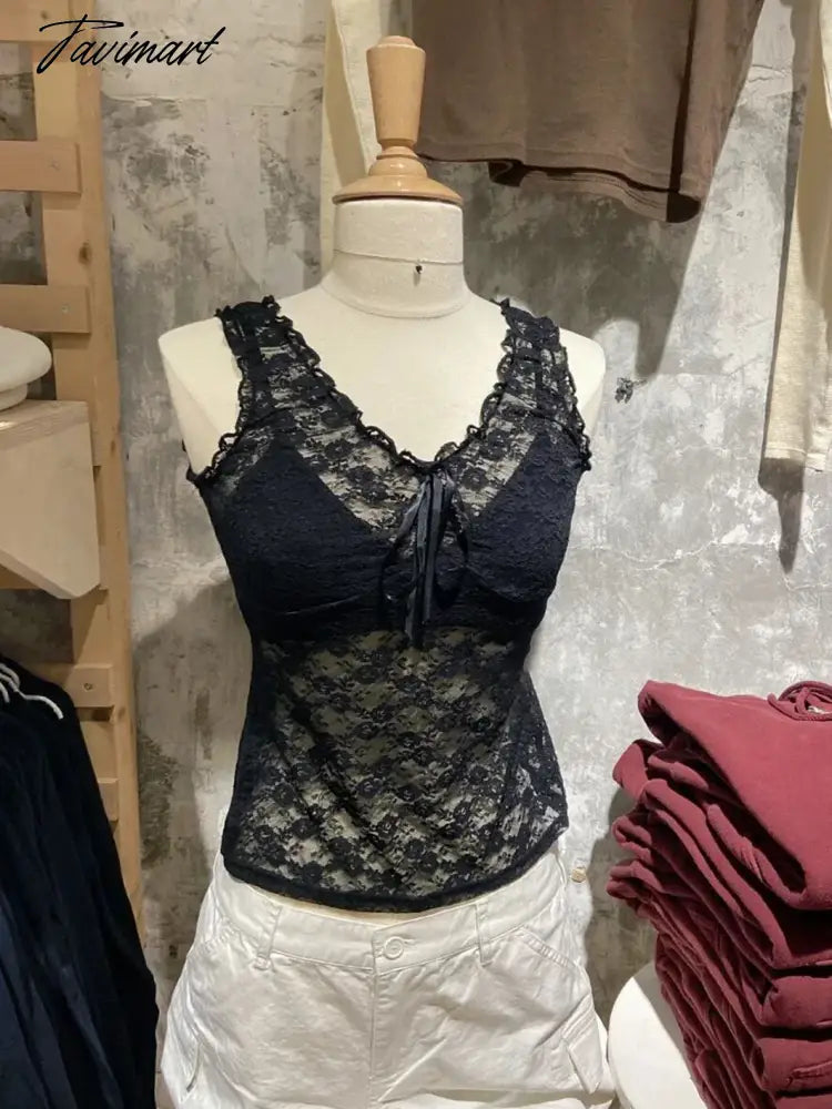 Black Lace Sexy Transparent Tank Top Summer Sleeveless Bow V-Neck Thin Streetwear Vest Women Casual Sweet Cute Y2k Tops Clothes