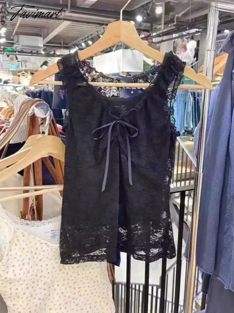 Black Lace Sexy Transparent Tank Top Summer Sleeveless Bow V-Neck Thin Streetwear Vest Women Casual Sweet Cute Y2k Tops Clothes