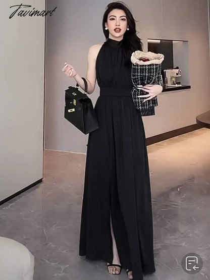 Black Sexy Club Pleated Halter Split Dress Women Fashion Sleeveless Summer Lace Up High Waist Birthday Evening Party Dress
