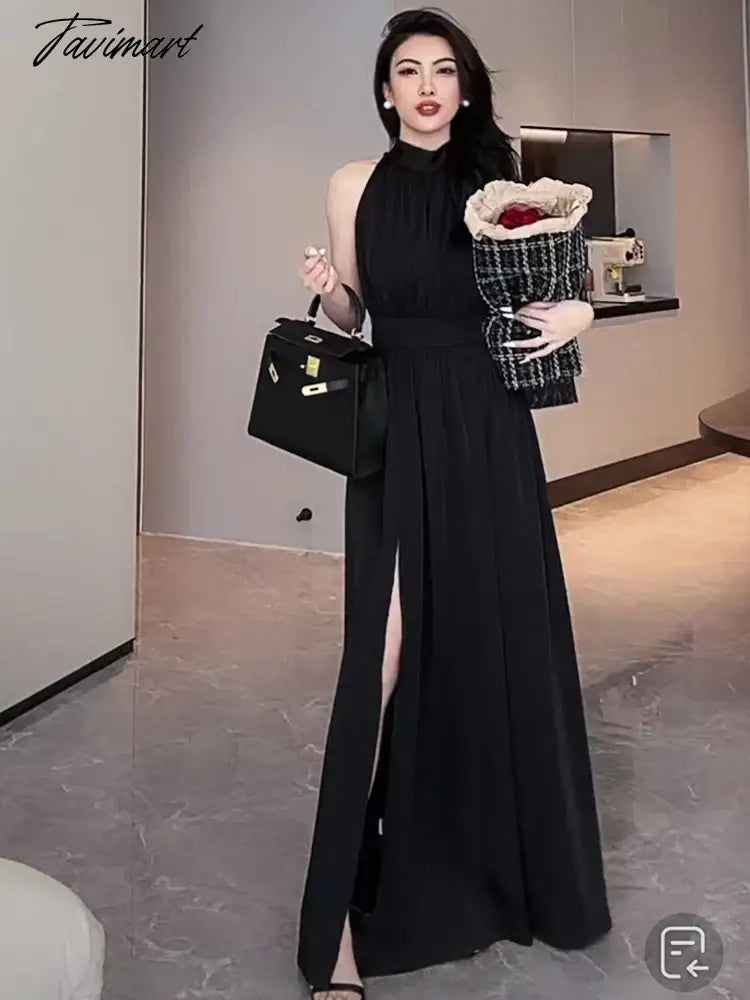 Black Sexy Club Pleated Halter Split Dress Women Fashion Sleeveless Summer Lace Up High Waist Birthday Evening Party Dress