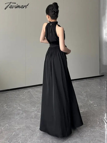 Black Sexy Club Pleated Halter Split Dress Women Fashion Sleeveless Summer Lace Up High Waist Birthday Evening Party Dress