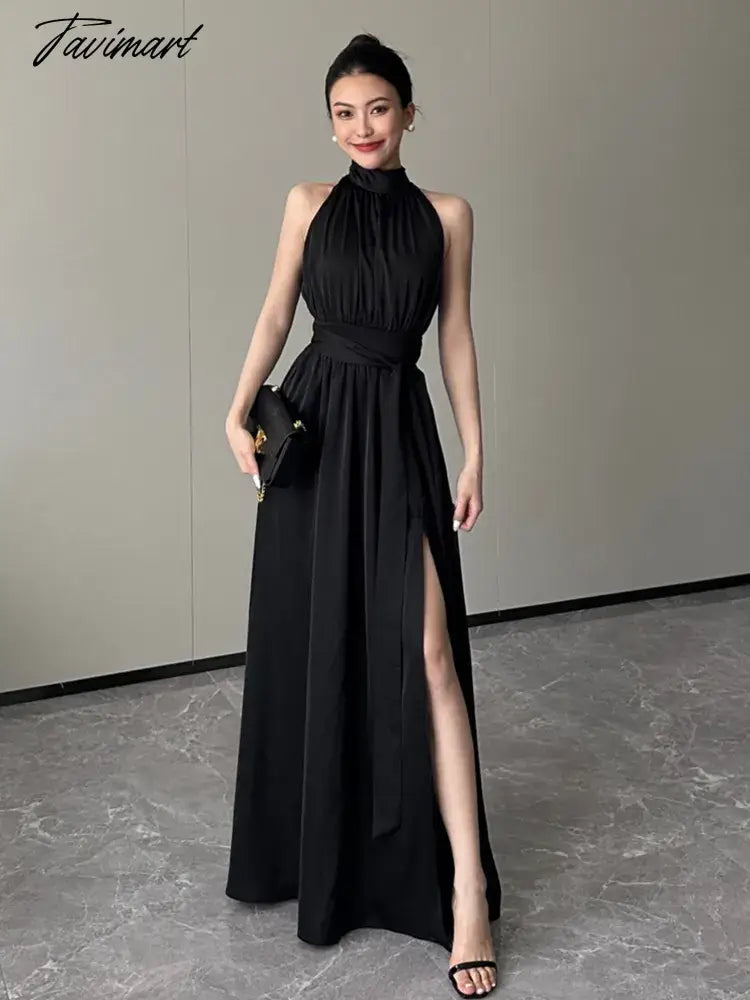 Black Sexy Club Pleated Halter Split Dress Women Fashion Sleeveless Summer Lace Up High Waist Birthday Evening Party Dress