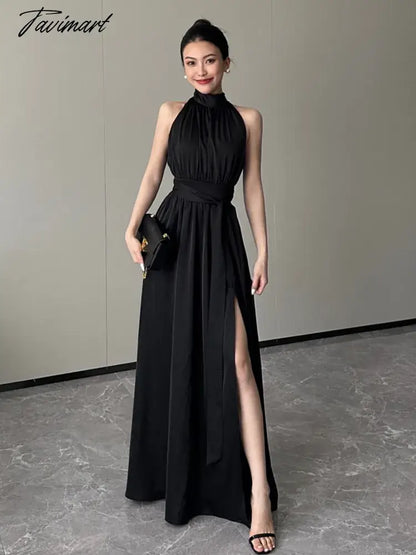 Black Sexy Club Pleated Halter Split Dress Women Fashion Sleeveless Summer Lace Up High Waist Birthday Evening Party Dress