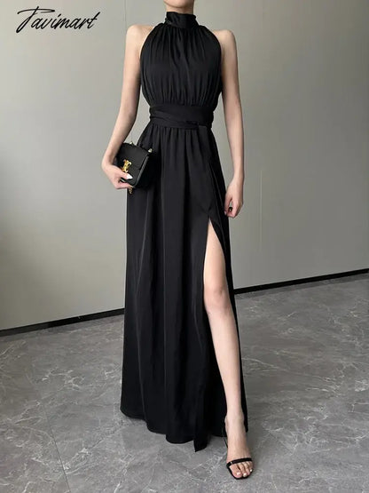 Black Sexy Club Pleated Halter Split Dress Women Fashion Sleeveless Summer Lace Up High Waist Birthday Evening Party Dress