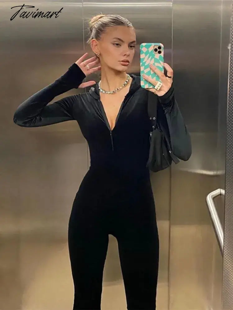 Black Slim Romper Women Long Sleeve Hooded Jumpsuits Zipper Sexy One Piece Outfit Fashion Enterizos Para Mujer Largos Elegantes