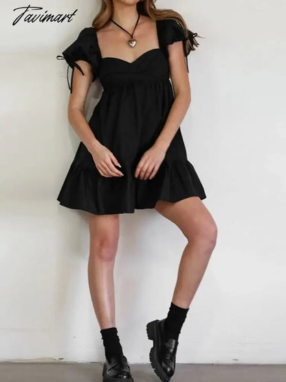 Black Solid Dress For Women V-Neck Puff Sleeves Sexy Dress Patchwork Slim High Waist 0utfits A-Line Backless Clothing For Summer