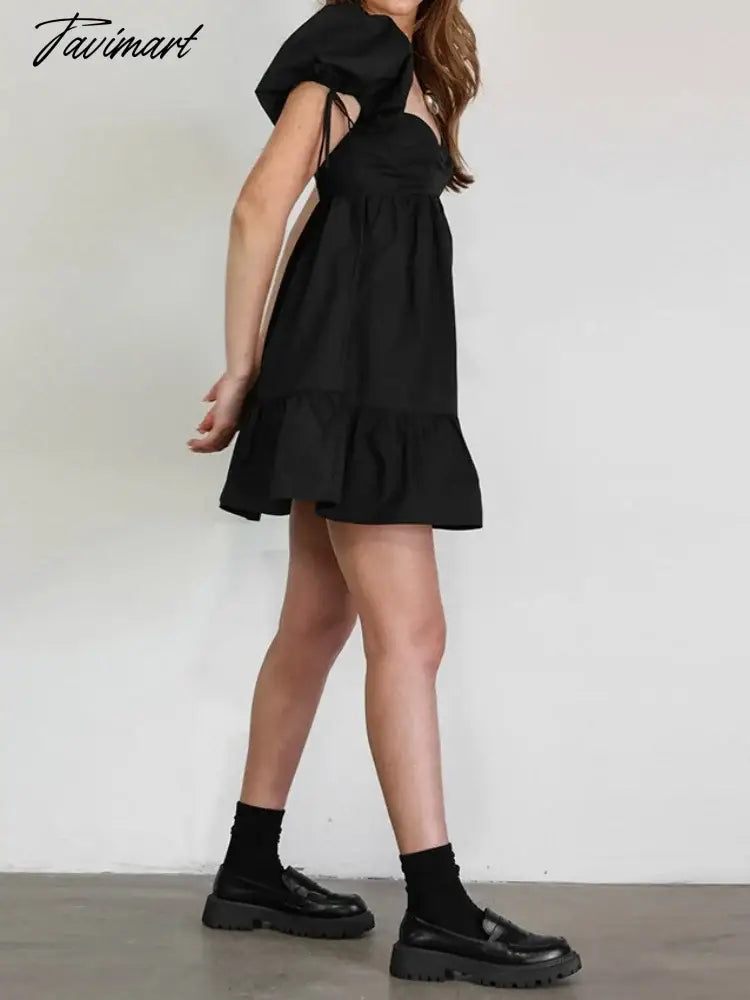 Black Solid Dress For Women V-Neck Puff Sleeves Sexy Dress Patchwork Slim High Waist 0utfits A-Line Backless Clothing For Summer