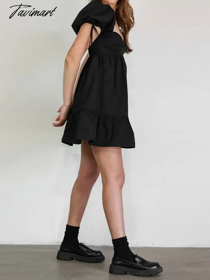 Black Solid Dress For Women V-Neck Puff Sleeves Sexy Dress Patchwork Slim High Waist 0utfits A-Line Backless Clothing For Summer