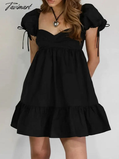 Black Solid Dress For Women V-Neck Puff Sleeves Sexy Dress Patchwork Slim High Waist 0utfits A-Line Backless Clothing For Summer