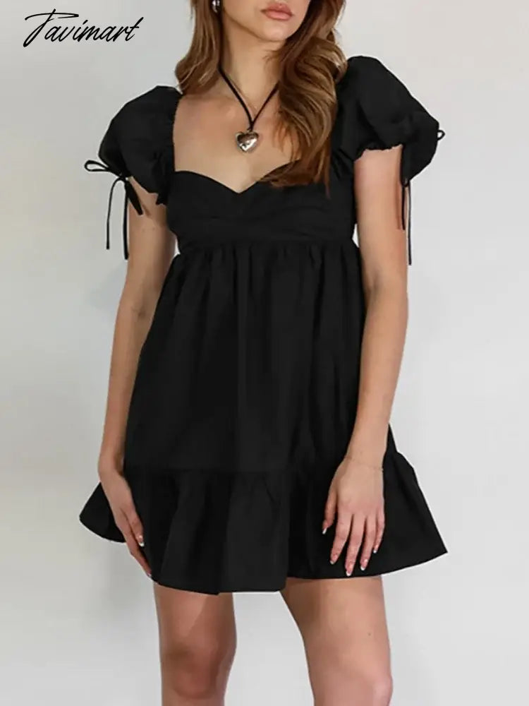 Black Solid Dress For Women V-Neck Puff Sleeves Sexy Dress Patchwork Slim High Waist 0utfits A-Line Backless Clothing For Summer