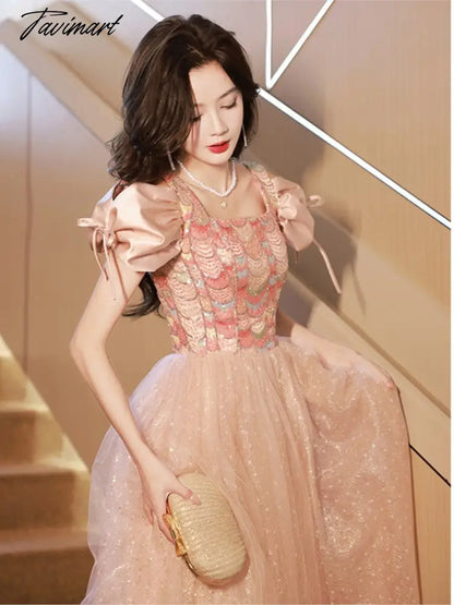 Blingbling Prom Dress Luxury Satin Sequins Sexy Backless Lace Up Bubble Sleeves Square Neck Long Tulle Birthday Party Gowns