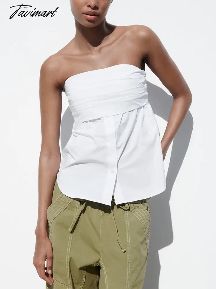 Blouses For Women Clothes Gathered Detail Bust Off Shoulder Sexy Top Strapless Sleeveless Front Buttons White Blouse Female