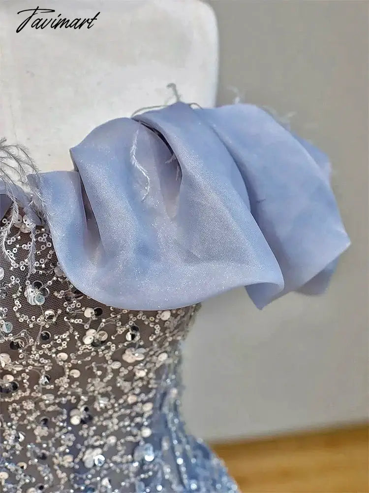 Blue Beading Evening Dresses Luxury Rhinestones Off the Shoulder Tulle Glitter Elegant Wedding Bride Prom Gowns 2024 New