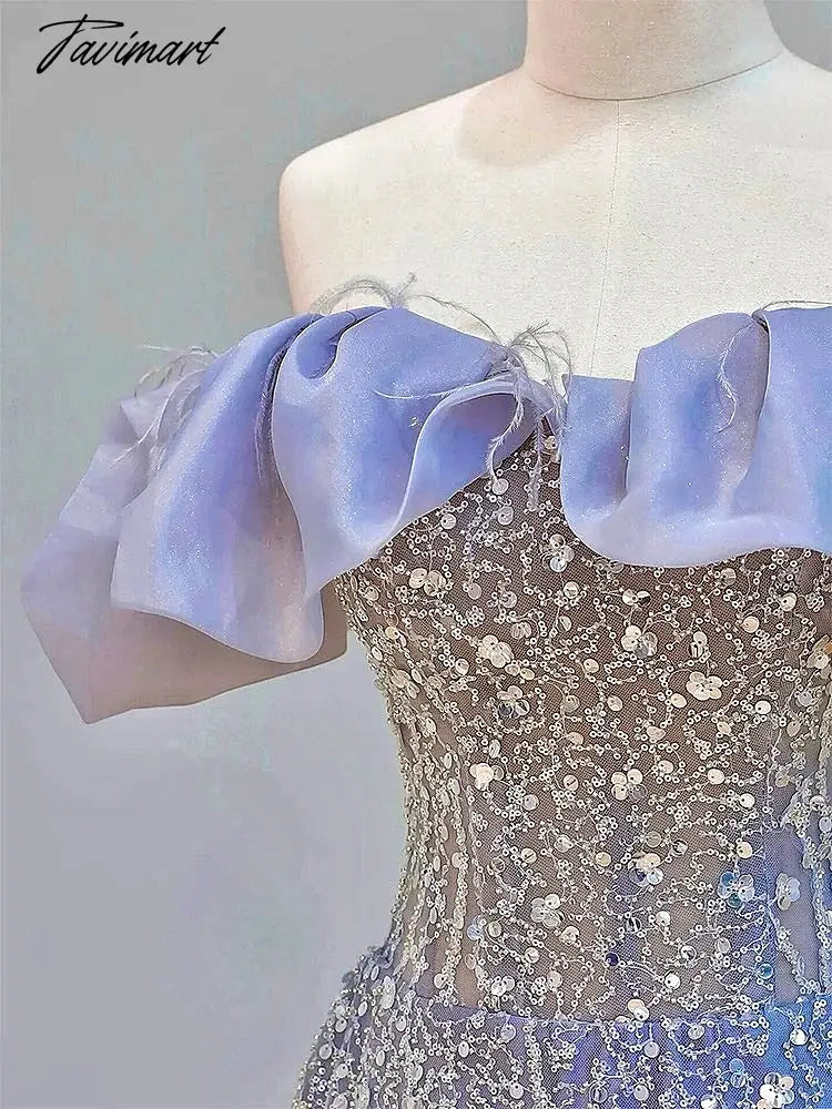 Blue Beading Evening Dresses Luxury Rhinestones Off the Shoulder Tulle Glitter Elegant Wedding Bride Prom Gowns 2024 New