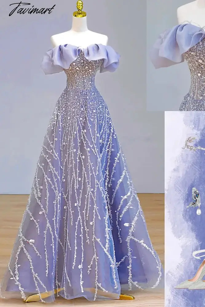 Blue Beading Evening Dresses Luxury Rhinestones Off the Shoulder Tulle Glitter Elegant Wedding Bride Prom Gowns 2024 New