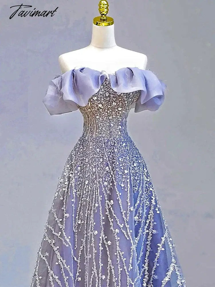 Blue Beading Evening Dresses Luxury Rhinestones Off the Shoulder Tulle Glitter Elegant Wedding Bride Prom Gowns 2024 New
