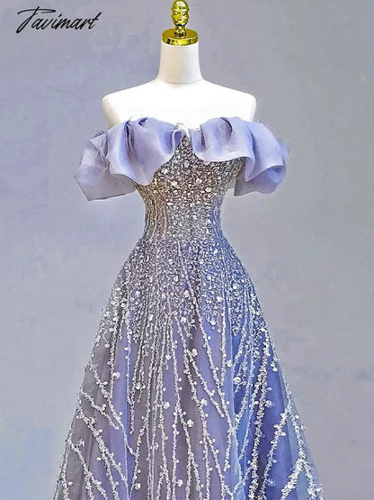 Blue Beading Evening Dresses Luxury Rhinestones Off the Shoulder Tulle Glitter Elegant Wedding Bride Prom Gowns 2024 New
