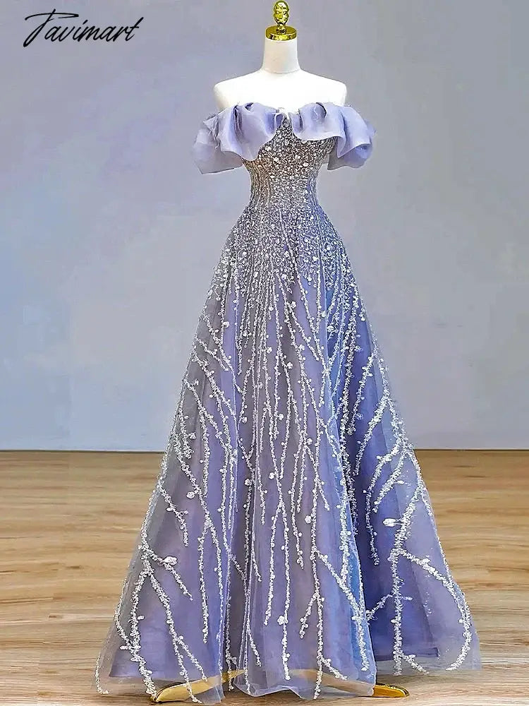 Blue Beading Evening Dresses Luxury Rhinestones Off the Shoulder Tulle Glitter Elegant Wedding Bride Prom Gowns 2024 New