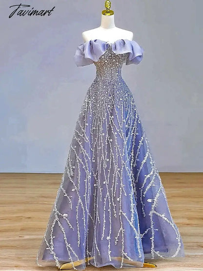 Blue Beading Evening Dresses Luxury Rhinestones Off the Shoulder Tulle Glitter Elegant Wedding Bride Prom Gowns 2024 New