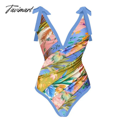 Blue Deep V Vintage Print One Piece Swimsuit Set Swimwear For Girls Summer Beach Luxury Shorts Monokini Sexy Bourkini Single