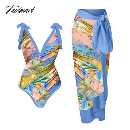 Blue Deep V Vintage Print One Piece Swimsuit Set Swimwear For Girls Summer Beach Luxury Shorts Monokini Sexy Bourkini Single