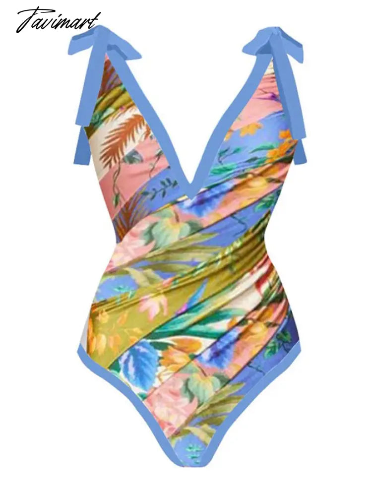 Blue Deep V Vintage Print One Piece Swimsuit Set Swimwear For Girls Summer Beach Luxury Shorts Monokini Sexy Bourkini Single