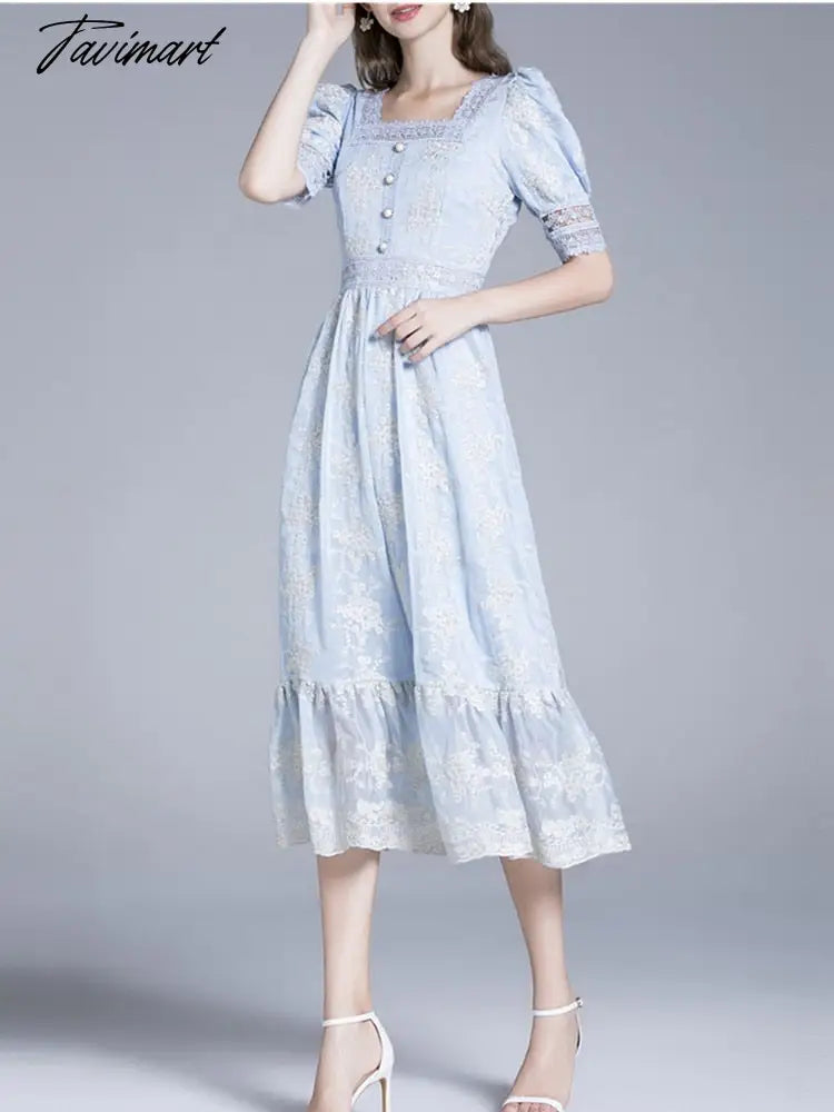 Blue Elegant Summer Dress For Women Square Collar Short Sleeve Lace Hollow Out Patchwork Embroidery Flowers Dresses