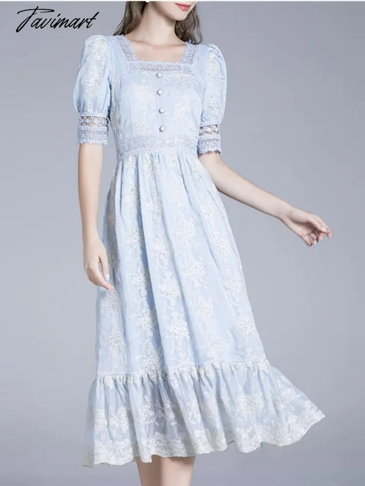 Blue Elegant Summer Dress For Women Square Collar Short Sleeve Lace Hollow Out Patchwork Embroidery Flowers Dresses