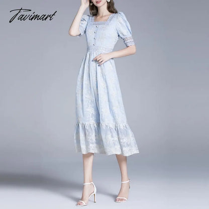 Blue Elegant Summer Dress For Women Square Collar Short Sleeve Lace Hollow Out Patchwork Embroidery Flowers Dresses