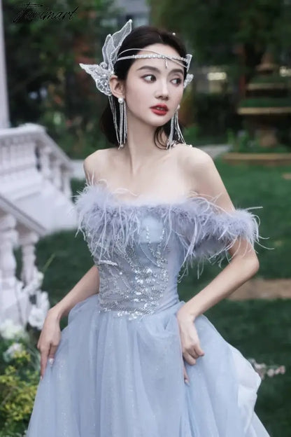 Blue Princess Celebrity Dresses Luxury Boat Neck Feather Strapless Backless Pleated Long Trailing Formal Occasion Evening Gowns