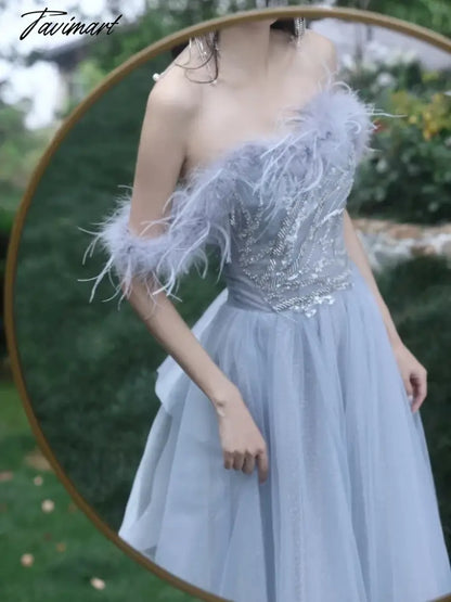 Blue Princess Celebrity Dresses Luxury Boat Neck Feather Strapless Backless Pleated Long Trailing Formal Occasion Evening Gowns