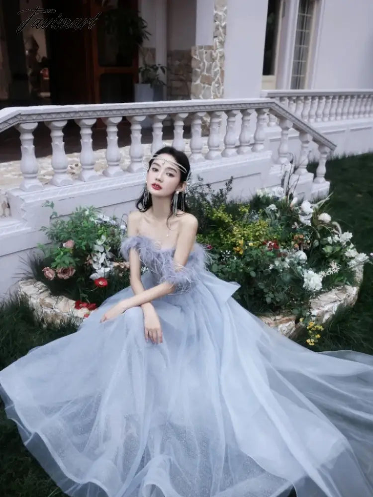 Blue Princess Celebrity Dresses Luxury Boat Neck Feather Strapless Backless Pleated Long Trailing Formal Occasion Evening Gowns
