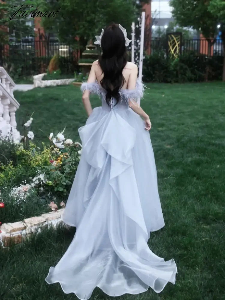 Blue Princess Celebrity Dresses Luxury Boat Neck Feather Strapless Backless Pleated Long Trailing Formal Occasion Evening Gowns