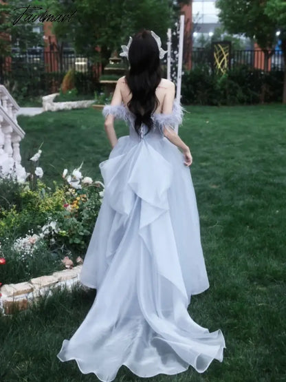 Blue Princess Celebrity Dresses Luxury Boat Neck Feather Strapless Backless Pleated Long Trailing Formal Occasion Evening Gowns