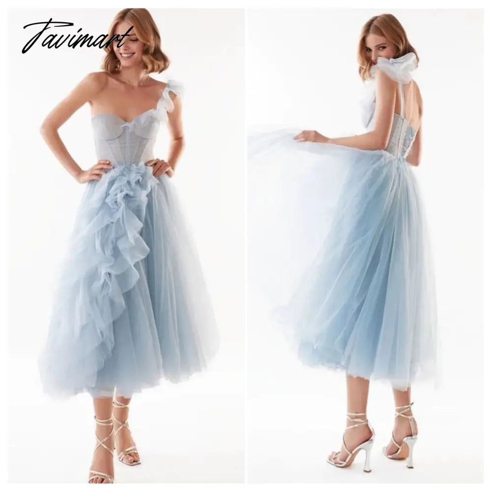 Blue Ruffles Tulle Midi Prom Dresses Sweetheart One Shoulder Tea-Length Wedding Party Gowns Short A-Line Formal Gowns