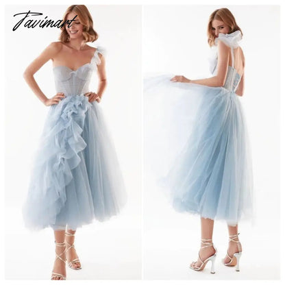Blue Ruffles Tulle Midi Prom Dresses Sweetheart One Shoulder Tea-Length Wedding Party Gowns Short A-Line Formal Gowns