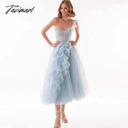 Blue Ruffles Tulle Midi Prom Dresses Sweetheart One Shoulder Tea-Length Wedding Party Gowns Short A-Line Formal Gowns