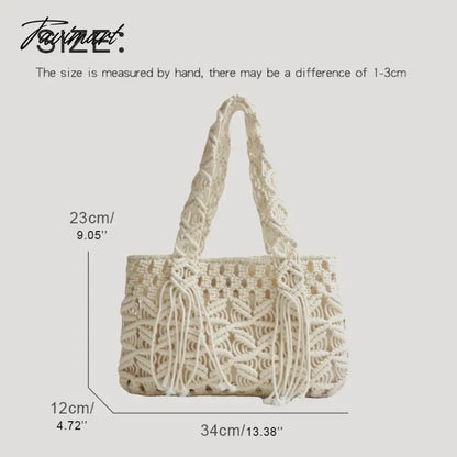 Bohemian Tote Bags For Women Luxury Designer Handbags Purses New In Cotton Rope Hand Cross Weave Hollow Out Tassel Shoulder